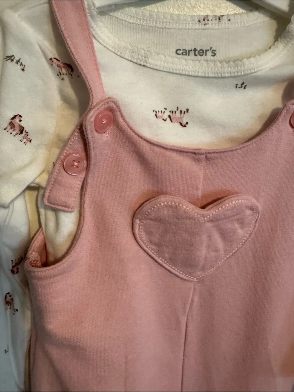 NWT Carter's Pink Heart Patch Overalls with Cream Long-Sleeve Horse Print Top